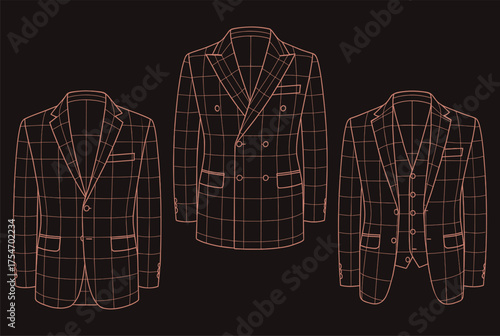 Elegant Wireframe Classic Blazer Vector Collection — Formal Suit Jackets and Office Wear in Detailed 3D Grid Blueprint Design for Digital Fashion