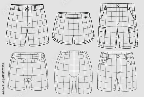 Wireframe Shorts Vector Illustration — Digital 3D Blueprint Collection of Summer Apparel in Technical Minimal Fashion CAD Style