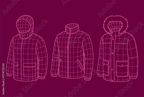 Pink Wireframe Winter Jackets and Coats with Fur Hoods on Maroon Background