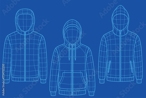Wireframe Pullover and Sweatshirt Vector Collection — Technical Digital Fashion Blueprint of Casual Streetwear in Minimal 3D Line Style