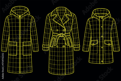 Long Blue Coat Wireframe Fashion Blueprint — Elegant Outerwear Digital CAD Design for Futuristic Apparel Visualization and 3D Modeling