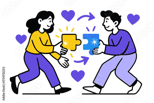 Glowing Puzzle Exchange. Give and take. Two characters exchanging glowing puzzle pieces that fit perfectly