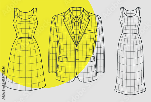 3D Grid Wireframe Dress and Suit on Yellow Background