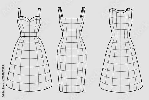 3D Wireframe Dresses Set on Gray Background