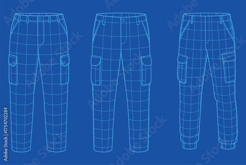 Detailed Wireframe Cargo Pants Collection — 3D Fashion Blueprint Set of Modern Utility Trousers in Technical Digital Line Art Style