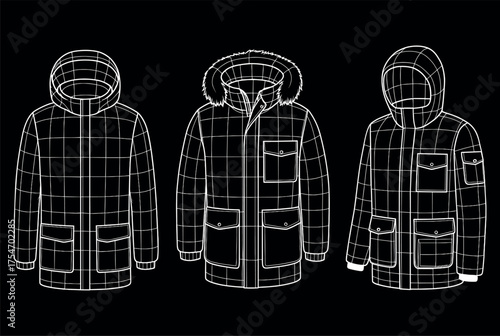 White Wireframe Parkas and Winter Jackets with Pockets on Black Background