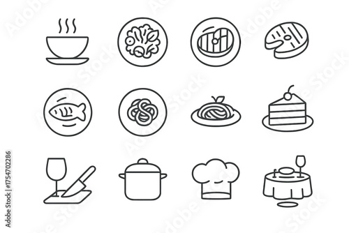 Dinner Party Icons. Preparing a three-course meal for a dinner party. Line outline icon set of Preparing a