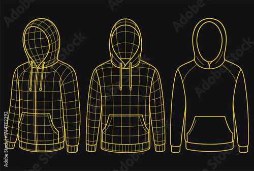 Wireframe Pullover and Sweatshirt Vector Collection — Technical Digital Fashion Blueprint of Casual Streetwear in Minimal 3D Line Style