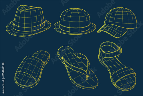 3D Wireframe Hats and Footwear Vector Set