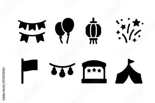 Festival Icon Set. Festival decorations. Filled icon set of Festival decorations: banner, balloons, lantern,