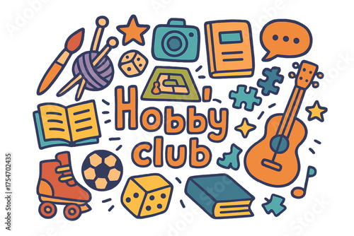 Hobby Club Doodles. Hobby club. Hand-drawn doodle illustration of Hobby club. Paintbrush, knitting needles,