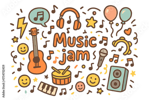 Colorful Music Jam Doodles. Music jam. Hand-drawn doodle illustration of Music jam. Guitar, drum, headphones,