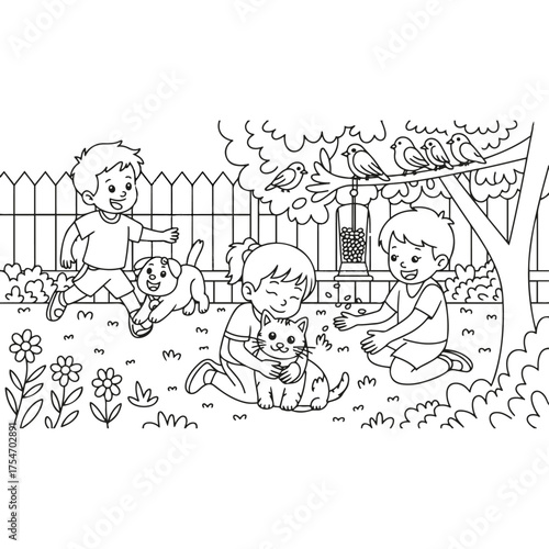 Children Playing with Animals in the Garden Black and White Outline
