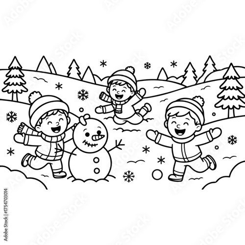 Children Playing in Snow - Winter Fun Black and White Outline