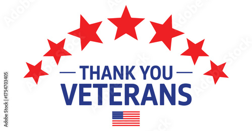 thank you veterans tribute banner with american flag, red stars, bold blue text, patriotic design for usa military appreciation event
