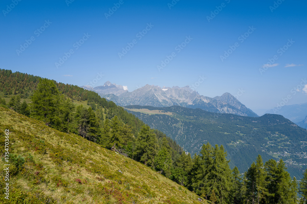 Fototapeta premium This landscape photo was taken in Europe, France, Auvergne Rhone Alpes, Haute Savoie, in summer. We can see the mountains, under the Sun.
