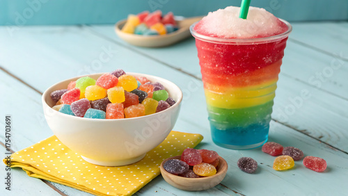 bowl of candy, colorful jelly candies, Sweet, Colorful rainbow slush drink topped with gummy candies, straw. cool Layered frozen beverage offers vibrant fruity flavors. Perfect summer refreshment for 
