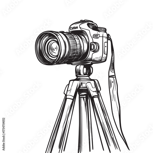 conceptual line art vector illustration of camera on a tripod during a photoshoot