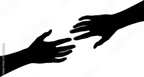 Reaching hand silhouette. This image showcases bold black silhouettes of two hands reaching towards each other, symbolizing interaction and support. Vector clipart illustration design