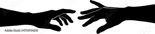 Reaching hand silhouette. This image showcases bold black silhouettes of two hands reaching towards each other, symbolizing interaction and support. Vector clipart illustration design