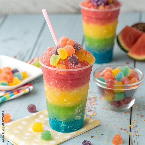bowl of candy, colorful jelly candies, Sweet, Colorful rainbow slush drink topped with gummy candies, straw. cool Layered frozen beverage offers vibrant fruity flavors. Perfect summer refreshment for 