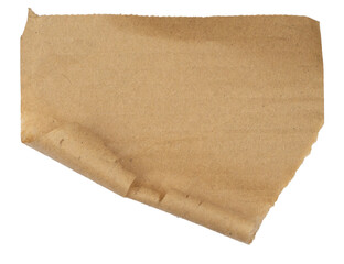 Piece of torn paper with curled edge. A torn piece of textured paper with rough edges and a curled corner isolated on transparent