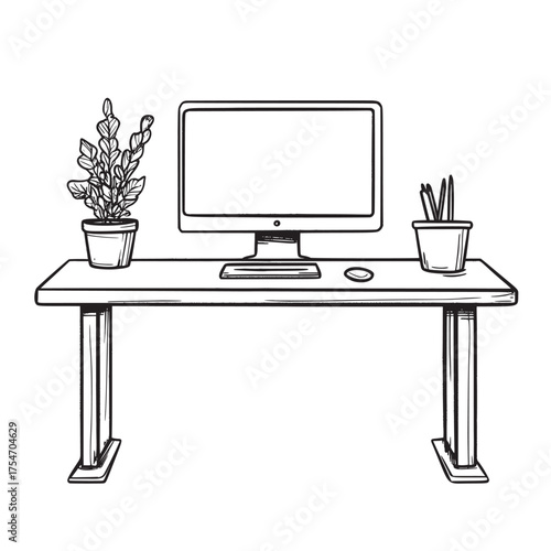 flat and simple line art concept of desktop with a standing desk