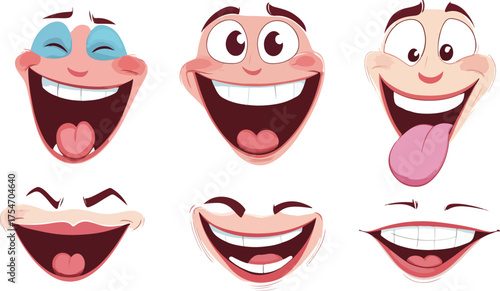 Vector cartoon illustration set of funny woman lips, mouths, and teeth with fashion lipstick and smile icons