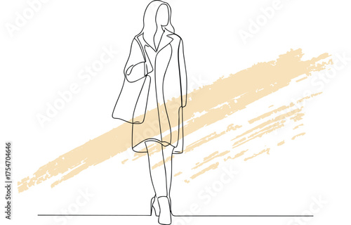 Minimalist single line drawing a woman in a coat carrying a bag continuous