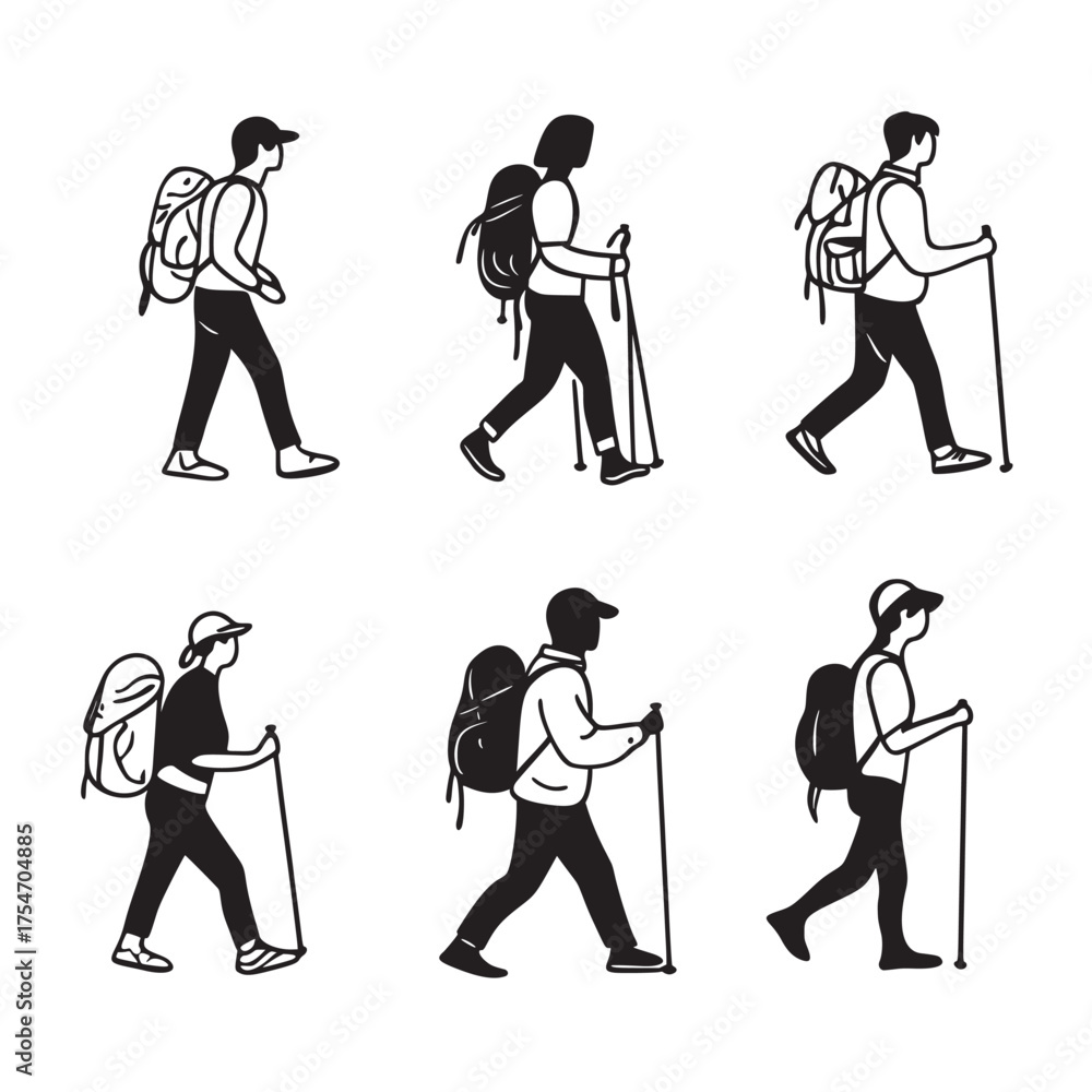 Obraz premium flat outline vector illustration simple style of hiking at different times of the day