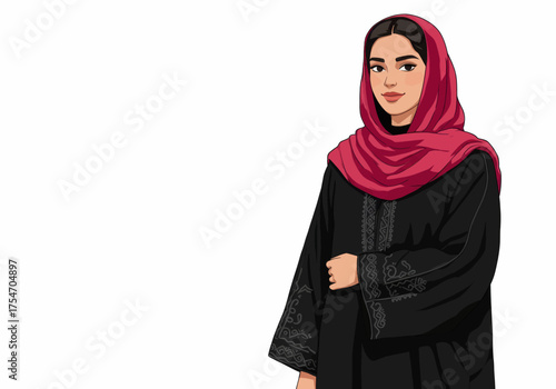 A young woman wearing a traditional black abaya and a red hijab, standing confidently