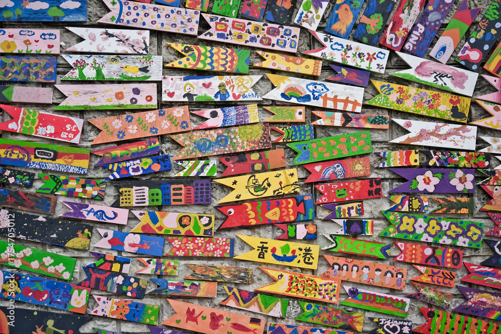 Fototapeta premium Painted Wooden Fish Wall Art in Gamcheon, Korea
