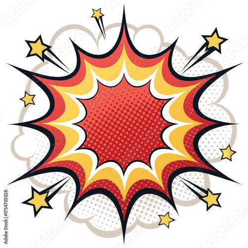 Explosion graphic with stars and comic book style clouds. A bright.