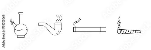 Bad habits icon set, unhealthy lifestyle, addiction awareness, smoking, alcohol, junk food, lazy behavior, stress, procrastination, negative activity vector illustration.