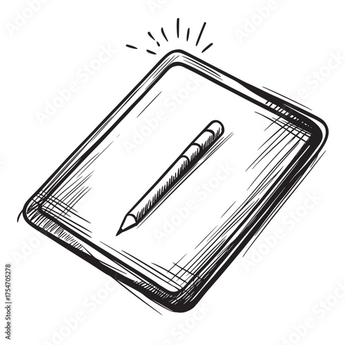 outline vector illustration in doodle style of tablet with a stylus on an artboard