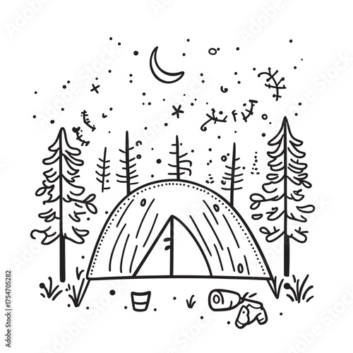 doodle cartoon outline vector illustration of camping experiences for personal growth