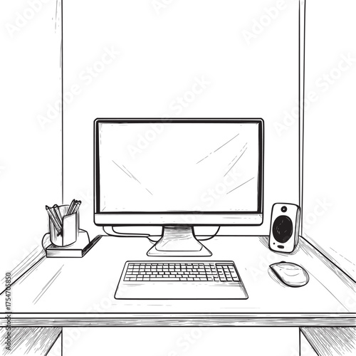 simple flat line art outline design of desktop with glowing peripherals