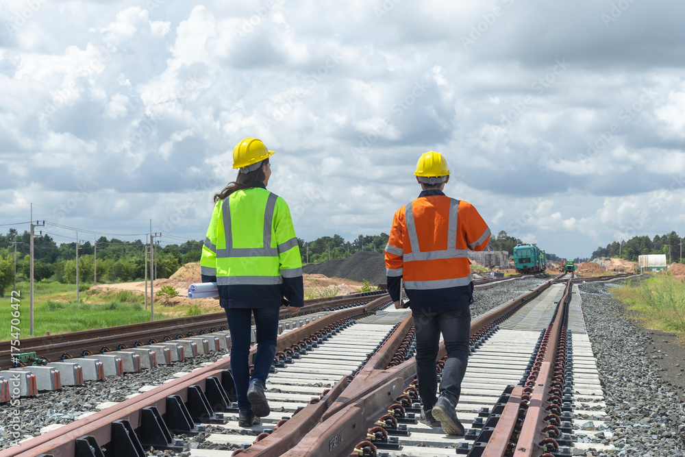 Fototapeta premium Rear view, two Asian railway engineers or workers wearing reflective vests inspect railroad track construction at station, outdoors.