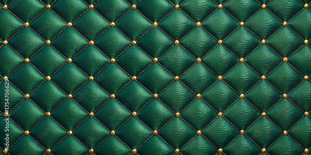 Fototapeta premium Photo of a luxurious and deep emerald green tufted upholstery texture with gold nailhead trim, creating a rich, elegant, and sophisticated background for premium design