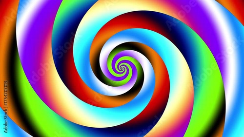 Vibrant colourful spiral Optical illusion illustration, abstract loop background graphics asset, Hypnotising whirlpool effect