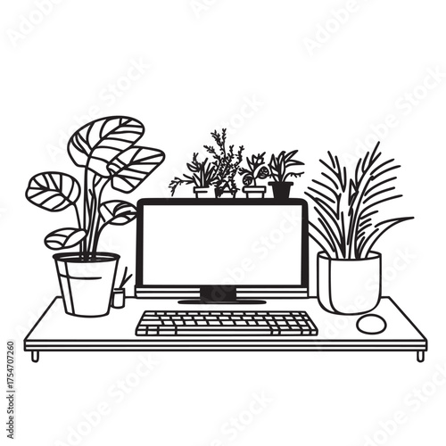 simple outline line art illustration of keyboard in a workspace filled with plants