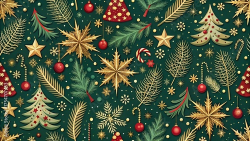 Photo of festive christmas pattern with golden snowflakes, pine trees, baubles, and candy canes on a dark green background, perfect for holiday decorations and wrapping paper