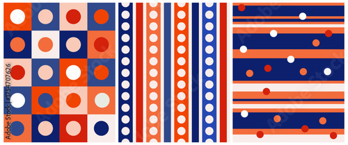 Geometric Abstract Pattern Trio: Circles And Stripes In Red, Blue, And Orange Colors For Modern Design. Geometric designs featuring bold color blocks, dotted stripes, and linear patterns. 