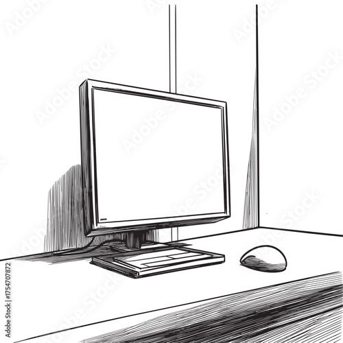 vector outline line art illustration  of monitor in an office cubicle