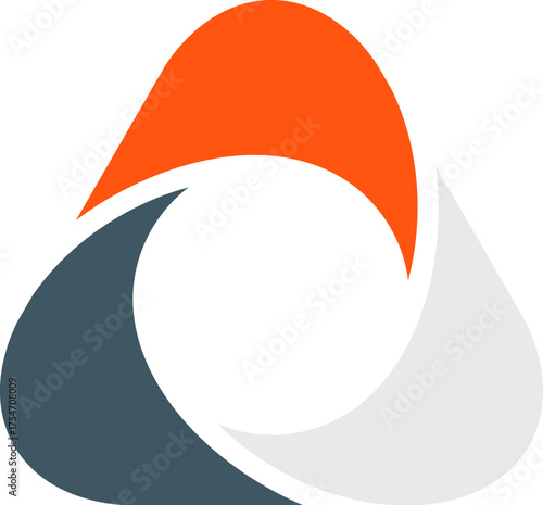 Abstract three-part triangle cycle icon in orange gray and white colors. Clipart image isolated on background.