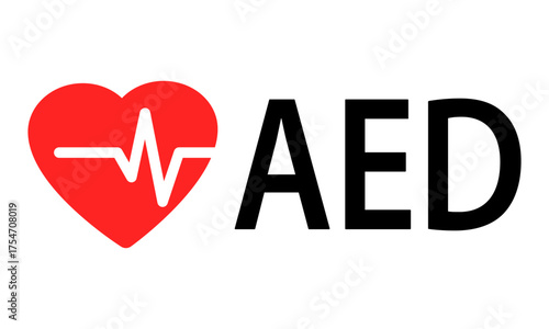 Red heart logo with ECG line and AED text for automated external defibrillator concept. Clipart image.