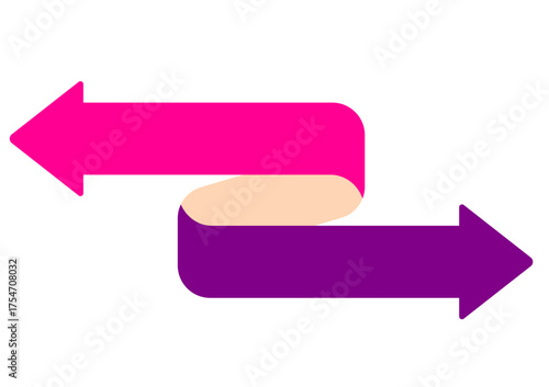 Two colorful bi-directional arrows in pink and purple with overlapping area. Clipart image.