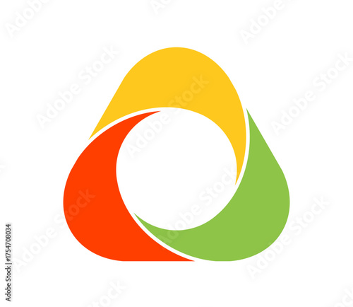 Colorful three-part triangle cycle loop icon in orange yellow and green colors. Clipart image isolated on background.