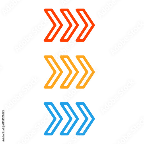 Colorful chevron arrow symbols in red yellow blue on white background. Clipart image isolated on background.