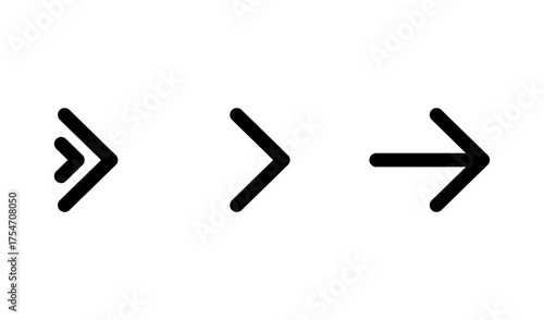 Set of three black directional arrow icons with varying styles. Clipart image isolated on background.